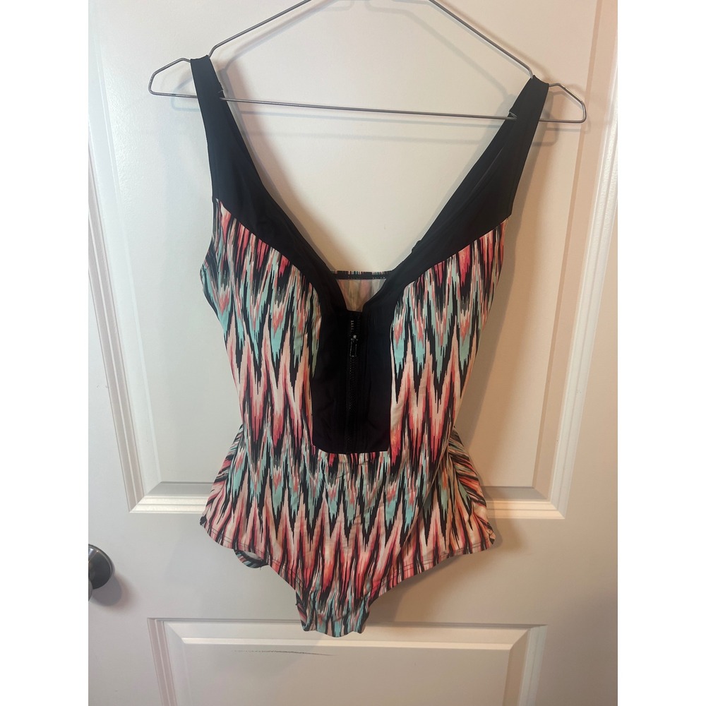 Gabar Womens One Piece Swimsuit Front Zip Geometric Multicolor Size 8